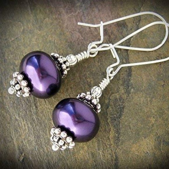 Purple Pearl Earrings Japanese Glass Sterling Silver - Picture 2 of 7
